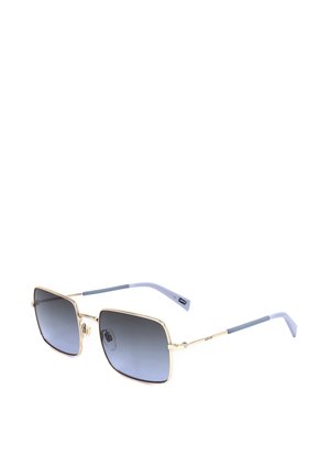 Lenti quadrate sfumate blu con sottili montature metalliche dorate e punte delle aste azzurro chiaro su sfondo bianco.