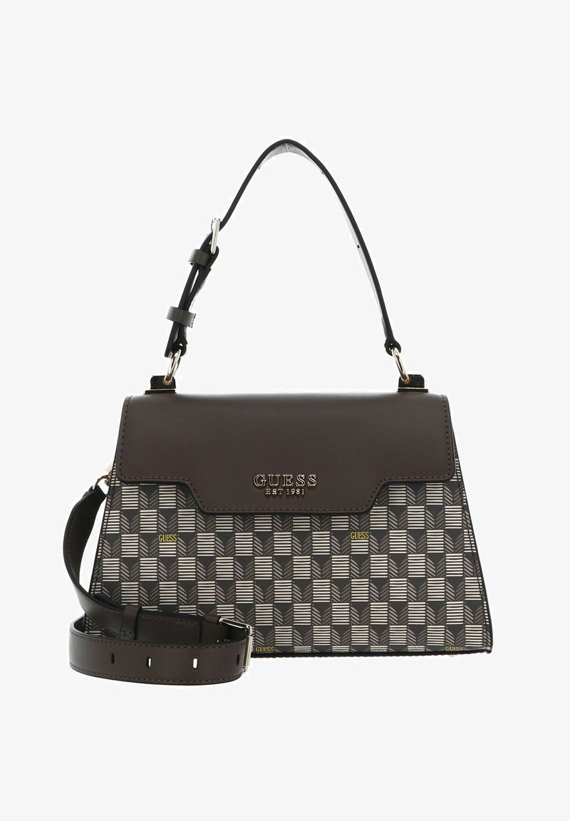 Sac à main synthétique marron avec un motif géométrique. Il dispose d'une fermeture à rabat, d'une bandoulière ajustable et d'un détail de logo doré. Forme structurée.