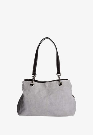 Szara torebka z zamszu z czarnymi sztucznymi skórzanymi uchwytami. Posiada srebrne akcesoria i detale szewskie. Przestronny fason z boczną kieszenią na zamek.