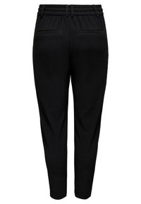 Black knitted trousers with a fitted waistband, featuring two back pockets and a tapered leg design. Smooth texture throughout.