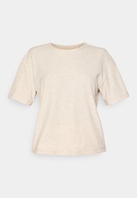 Beige ribbet kortærmet t-shirt med rund halsudskæring og en let løs pasform. Fremstillet af et blødt, tekstureret stof.