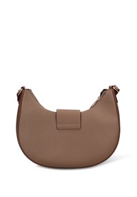 Borsa a tracolla in pelle marrone con forma curva, patta frontale e chiusura con zip. Superficie texturizzata e design minimalista.