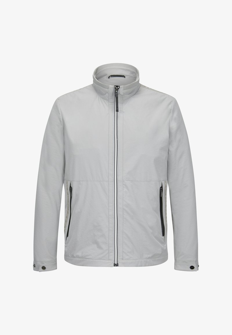 Hellgraue Herrenjacke mit Frontreißverschluss, Stehkragen, seitlichen Reißverschlusstaschen und geknöpften Manschetten.