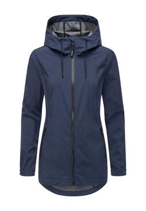 Navy waterproof jacket with a high collar, adjustable hood, front zipper, and two side pockets, featuring elasticated cuffs and a grey lining.