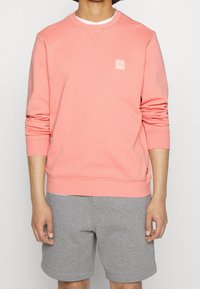 Světle korálová mikina vyrobená z hebkého materiálu, s dlouhými rukávy, kulatým výstřihem a malou nášivkou loga na hrudi. V kombinaci se šedými šortkami.