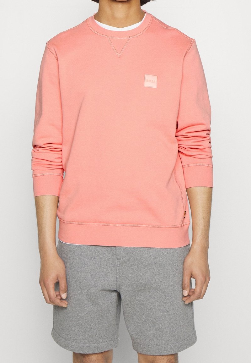 Světle korálová mikina vyrobená z hebkého materiálu, s dlouhými rukávy, kulatým výstřihem a malou nášivkou loga na hrudi. V kombinaci se šedými šortkami.