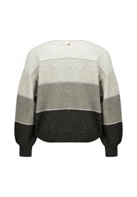 Pull en tricot avec des rayures horizontales en gris clair, gris foncé et charbon, dotée d'un col rond et de manches amples.
