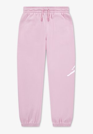 Pantalon de survêtement rose clair avec taille élastique, cordon de serrage, chevilles élastiquées et petit motif blanc sur la jambe droite près de la poche.
