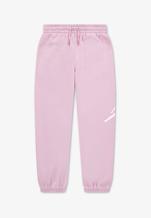 Hellrosa Jogginghose mit elastischem Bund, Kordelzug, elastischen Bündchen und einem kleinen weißen Motiv am rechten Bein in der Nähe der Tasche.
