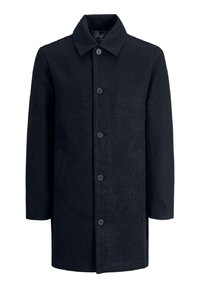 Cappotto di lana blu scuro con colletto, chiusura frontale a bottoni e due tasche laterali. Presenta una linea dritta e un tessuto testurizzato.