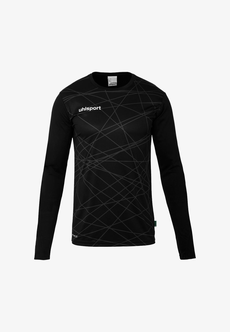 Zwart sportshirt met lange mouwen en een gestructureerd ontwerp met grijze geometrische lijnen. Bevat het witte Uhlsport-logo op de borst.