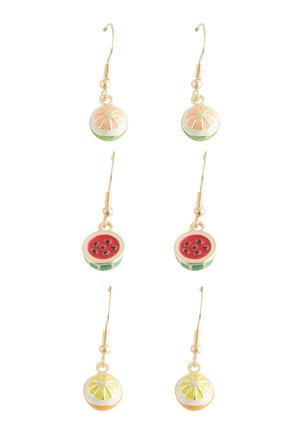 Six fruit-themed dangle earrings with gold hooks; designs include pink grapefruit, red watermelon, and yellow lemon slices.