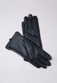 Black leather gloves featuring a smooth texture, five-finger design, and stitched accents, laid flat against a light background.