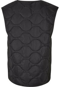 Zwart gewatteerd vest met een ronde, getextureerde design en brede schouderbanden. Het materiaal lijkt glad en waterafstotend met een losse pasvorm.