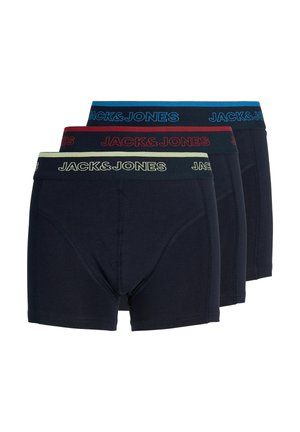 Trzy pary czarnych męskich bokserek z markowymi elastycznymi pasami w kolorach beżowym, czerwonym i niebieskim z napisem "JACK&JONES."