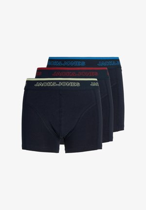 Három pár fekete férfi boxeralsó márkázott, bézs, piros és kék elasztikus derékpánttal, amelyen a „JACK&JONES” felirat olvasható.
