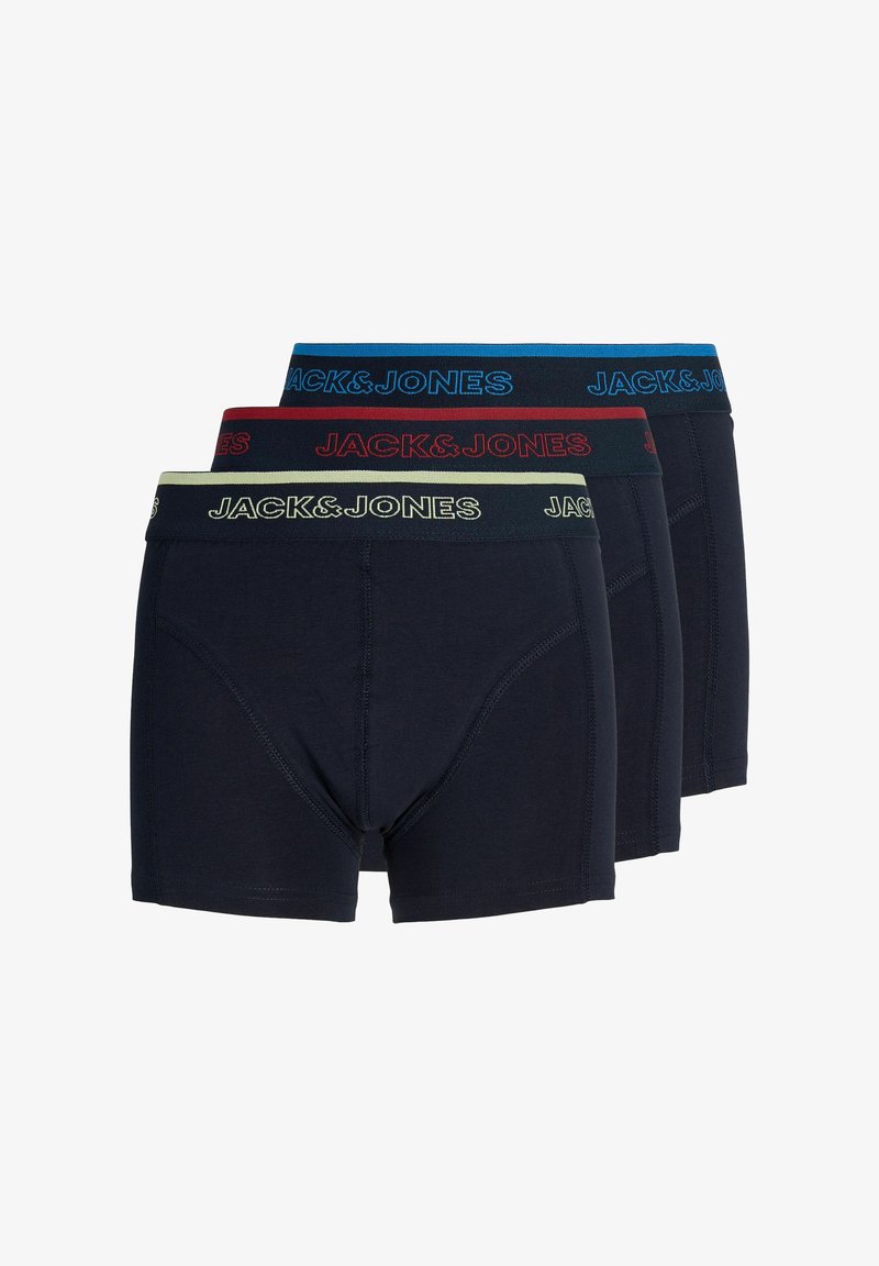 Trois paires de boxers noirs pour hommes avec des ceintures élastiques de marque en beige, rouge et bleu portant la mention « JACK&JONES ».