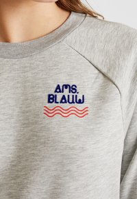 Sudadera gris con cuello acanalado y mangas raglán. Presenta texto bordado en azul "AMS. BLAUW" sobre un patrón de ondas rojas. Textura suave.