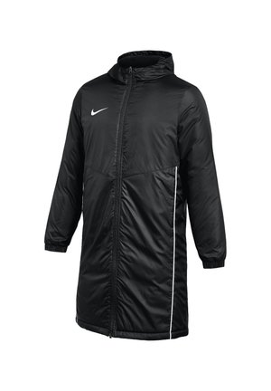 Schwarze lange gesteppte Jacke mit Kapuze, Frontreißverschluss, elastischen Bündchen, weißem Nike-Logo auf der Brust und weißem vertikalem Streifen an den Seiten.