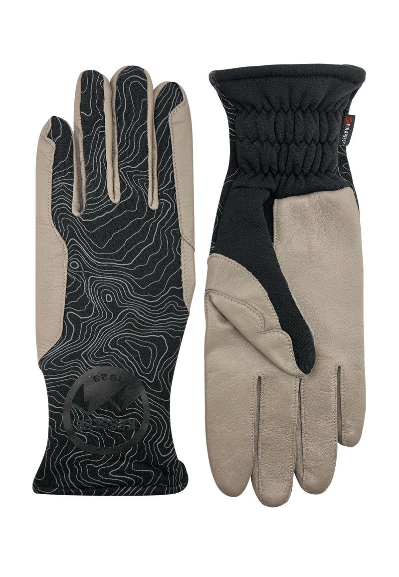 Une paire de gants noirs et beiges avec un motif topographique au dos, poignet élastique sur un gant, et paume et doigts en cuir sur les deux.