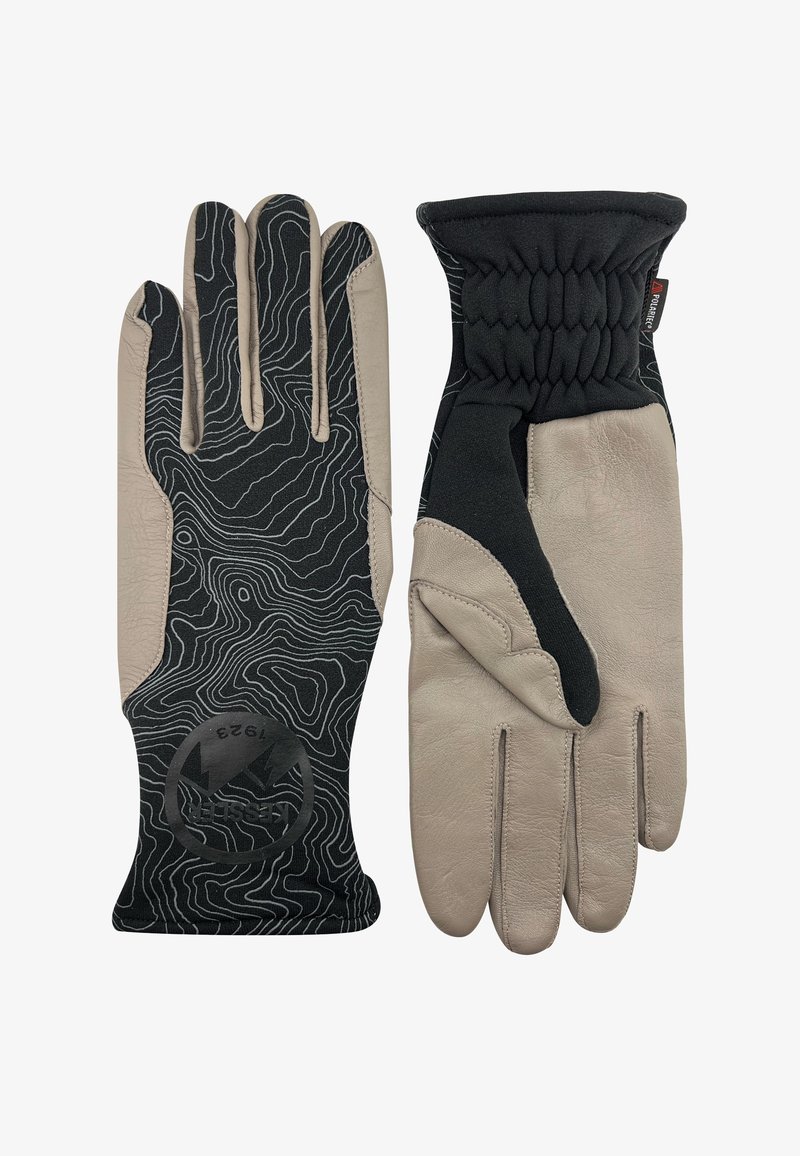 Ein Paar schwarze und beige Handschuhe mit topografischem Muster auf der Rückseite, elastischem Handgelenk an einem Handschuh und Lederhandfläche sowie -fingern an beiden.