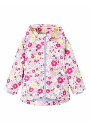 Dziecięca kurtka z kapturem i suwakiem z przodu, pokryta wzorem kwiatowym w kolorach różowym, żółtym i białym na jasnofioletowym tle.