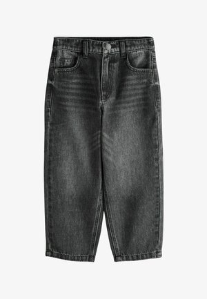 Melnas džinsa bikses ar vaļīgu piegriezumu, piecām kabatām un kontrastējošām šuvēm. Jostasvietā ir poga un rāvējslēdzēja aizdare.