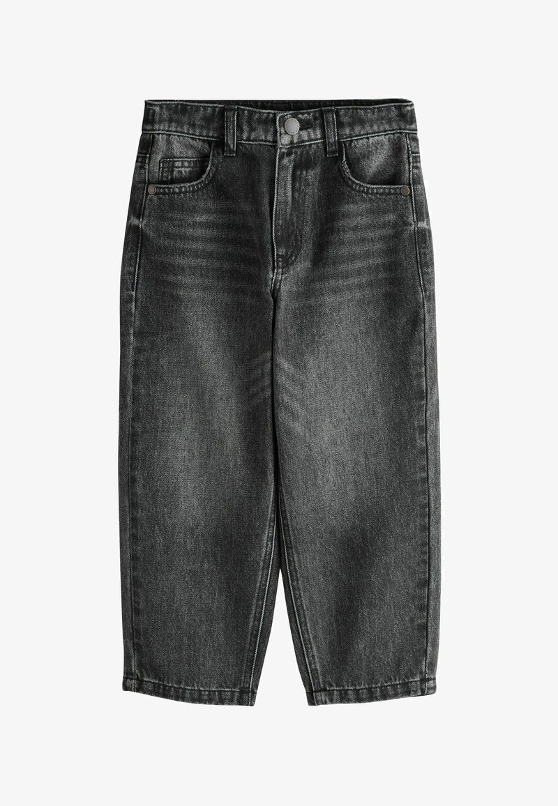 Blugi negri din denim cu croială lejeră, design cu cinci buzunare și cusături în contrast. Prezintă o închidere cu nasture și fermoar în talie.