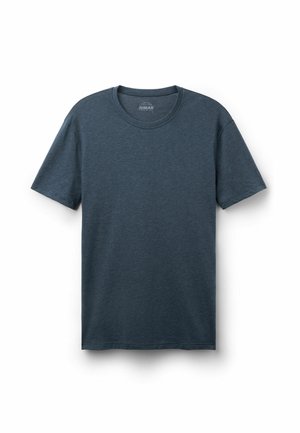 Schlichtes dunkelgraues T-Shirt mit kurzen Ärmeln und Rundhalsausschnitt, flach auf weißem Hintergrund liegend, Vorderseite und Stoffstruktur zeigend.