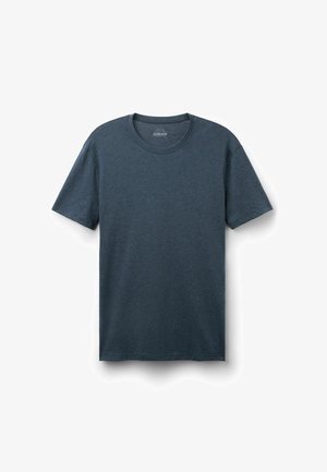 Schlichtes dunkelgraues T-Shirt mit kurzen Ärmeln und Rundhalsausschnitt, flach auf weißem Hintergrund liegend, Vorderseite und Stoffstruktur zeigend.