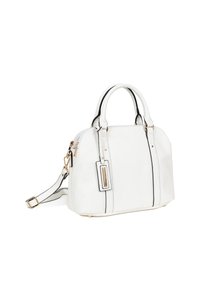Witte leren handtas met zwarte accenten, gestructureerde vorm, dubbele handvatten en afneembare schouderriem. Goudkleurige hardware en ritsdetails.