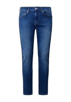 Jeans aus dunkelblauem Denim mit klassischem Fünf-Taschen-Design. Merkmale sind eine gerade Passform, Knopfverschluss und dezente Nähte.