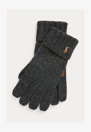 Wool gloves in dark gray with a ribbed cuff. Features a small embroidered accent and textured finish. Designed for warmth and comfort.