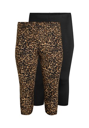 Dva páry krátkých legín, jeden černý a druhý s hnědo-černým leopardím vzorem.