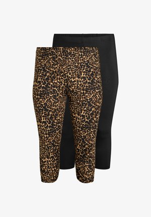 Divas pāra saīsinātas legingas, viena melnā krāsā un viena ar brūnu un melnu leoparda rakstu.