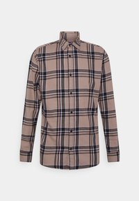 Koszula z długim rękawem z guzikiem, w dużą kratę w beżowe, czarne i białe kolory, wyeksponowana na płasko na białym tle.