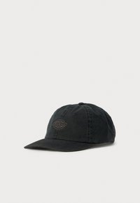 Zwart gewassen katoenen baseballpet met gebogen rand en klein geborduurd logo op het voorpaneel.
