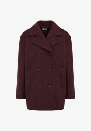 Burgundska volneno-blend dvoredna plašč s velikimi izreznimi ovratniki, črnimi gumbi in stranskimi žepi, ki ima sproščen, prevelik silhuet.