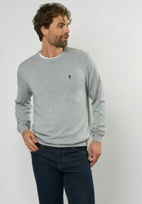 Grijze, gebreide crewneck trui met lange mouwen, geribbelde manchetten en zoom, met een klein donkerblauw logo op de borst. Gedragen met donkere spijkerbroeken.