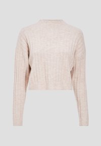 Beige geripptes, cropped Strickoberteil mit langen Ärmeln und hohem Kragen, das eine weiche Textur und subtile Farbvariationen aufweist.