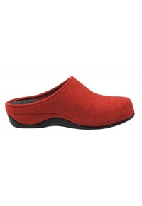 Red slip-on clog-style slipper with felt upper and black sole, designed for indoor comfort and easy wear.