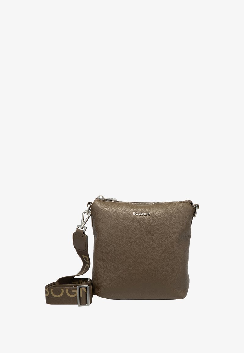 Borsa a tracolla in pelle marrone con finitura testurizzata, chiusura con zip e tracolla regolabile con un design a logo a fantasia.
