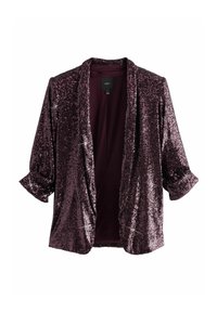 Burgundy blazer med palietter, åben front, trekvartærmer, glat tekstur og løs pasform. Fôret indre med mærkeetiket synlig.