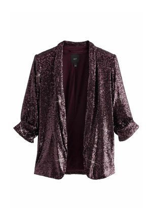 Blazer borgogna con paillettes, apertura frontale, maniche a tre quarti, texture lucida e vestibilità ampia. Interno foderato con etichetta del marchio visibile.