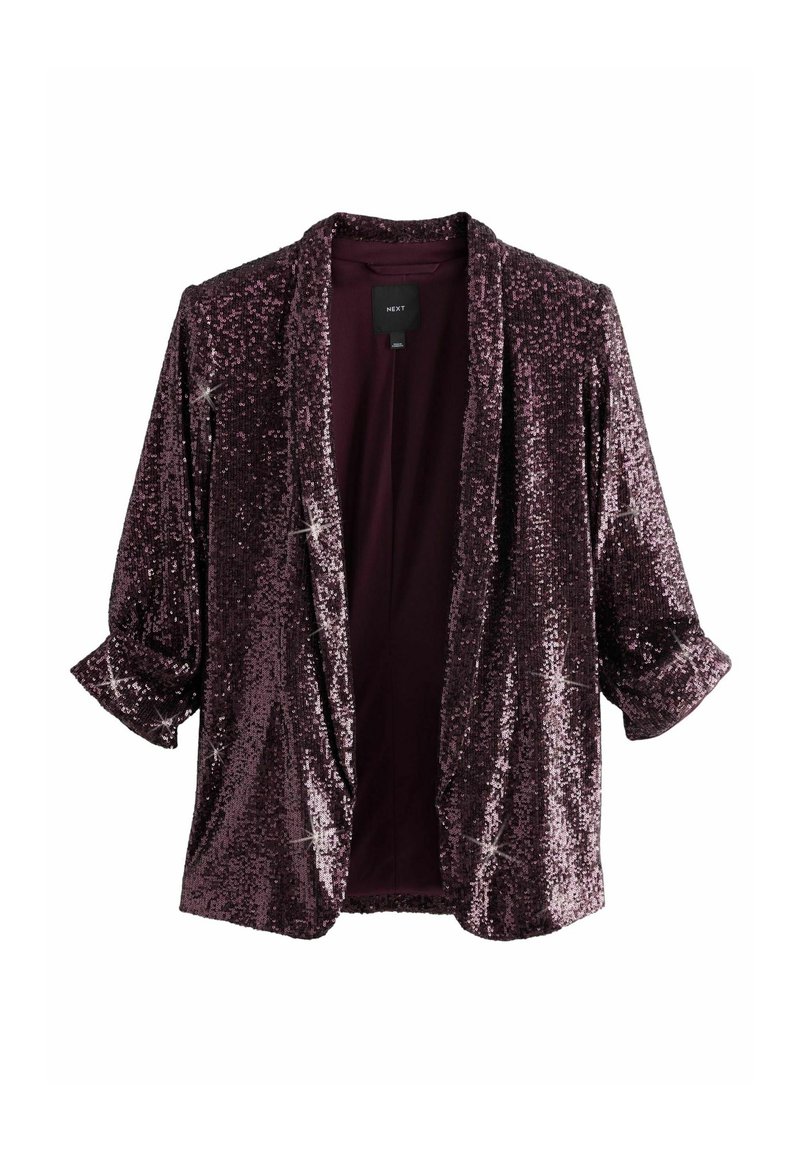 Burgundy blazer med palietter, åben front, trekvartærmer, glat tekstur og løs pasform. Fôret indre med mærkeetiket synlig.