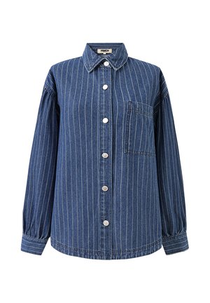 Blauw spijker overhemd met lange mouwen, witte verticale krijtstrepen, knopen aan de voorkant, een kraag, borstzak en knoopmanchetten.