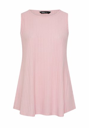 Hihaton vaaleanpunainen ribbineulottu toppi pyöreällä pääntiellä ja levenevällä helmalla.