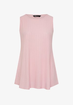 Ärmelloses, hellrosa geripptes Stricktop mit rundem Ausschnitt und ausgestelltem Saum.