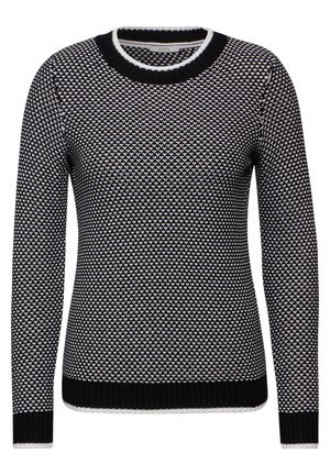 Pull en tricot noir et blanc avec un motif texturé, col rond, et poignets et ourlet côtelés. Présente des accents blancs contrastants.