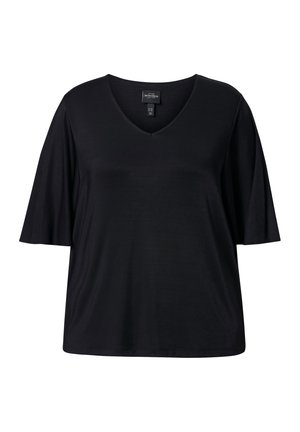Schwarzes V-Ausschnitt Kurzarm-Top mit lockerem Schnitt, auf weißem Hintergrund dargestellt.